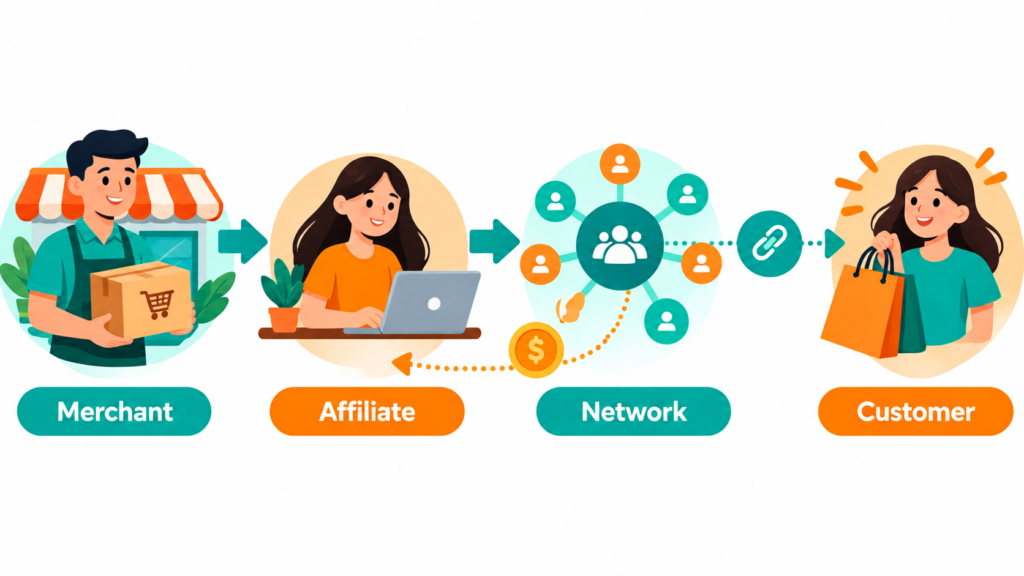 Diagram of the four affiliate marketing players: merchant, affiliate, network, and customer