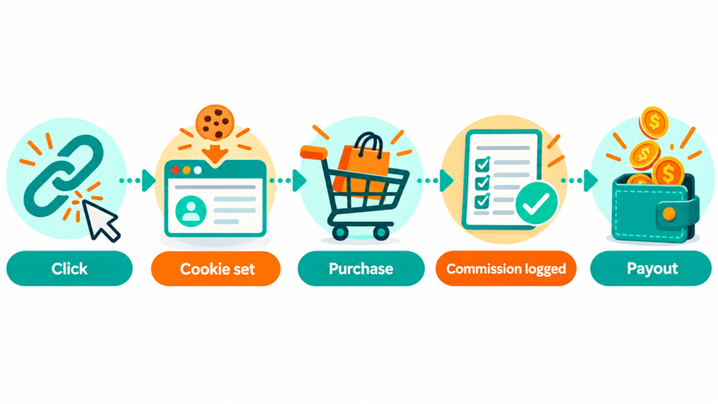 Five-step flow showing a click, cookie set, purchase, commission logged, and payout